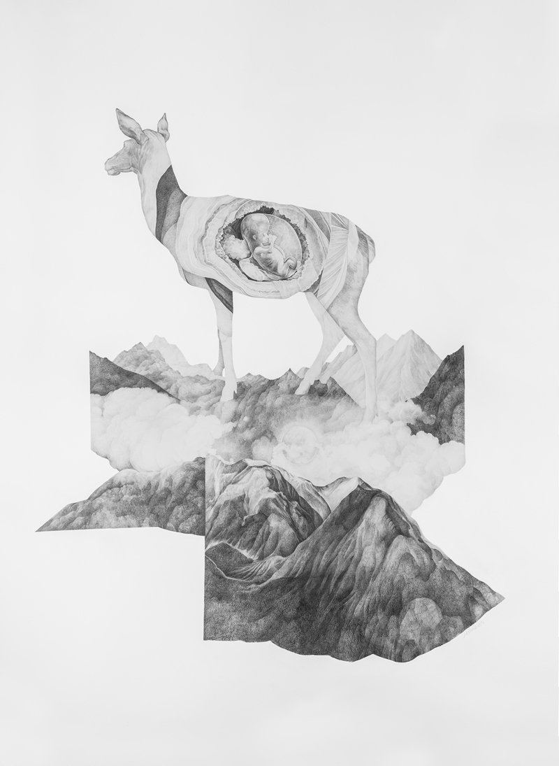 beata viscera, Sara Welponer pencil drawing, deer, mountains, mother nature