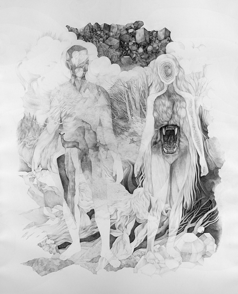 nachtgarten, Sara Welponer big pencil drawing, surreal anatomy, innerspace