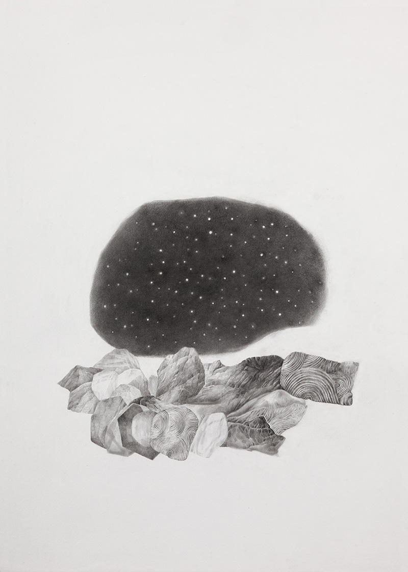 stein zeit, Sara Welponer ppencil drawing, archaic rocky landscape