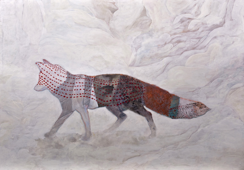 ahnin - antenata, Sara Welponer oil painting on wood of a fox, snow