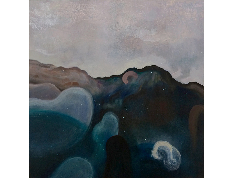 aufwind | corrente ascensionale, Sara Welponer oil on wood painting, mountain landscape, somber colours, sprachspiele