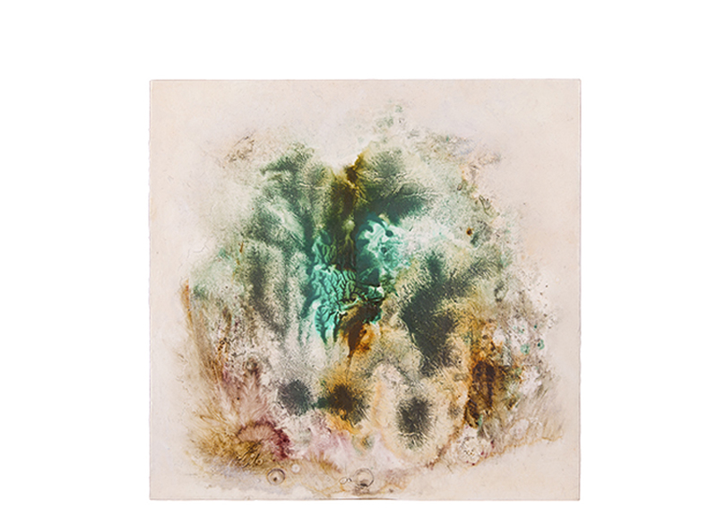 fuoco verde, Sara Welponer oil painting on wood, abklatsch, decalcomanie,lichen