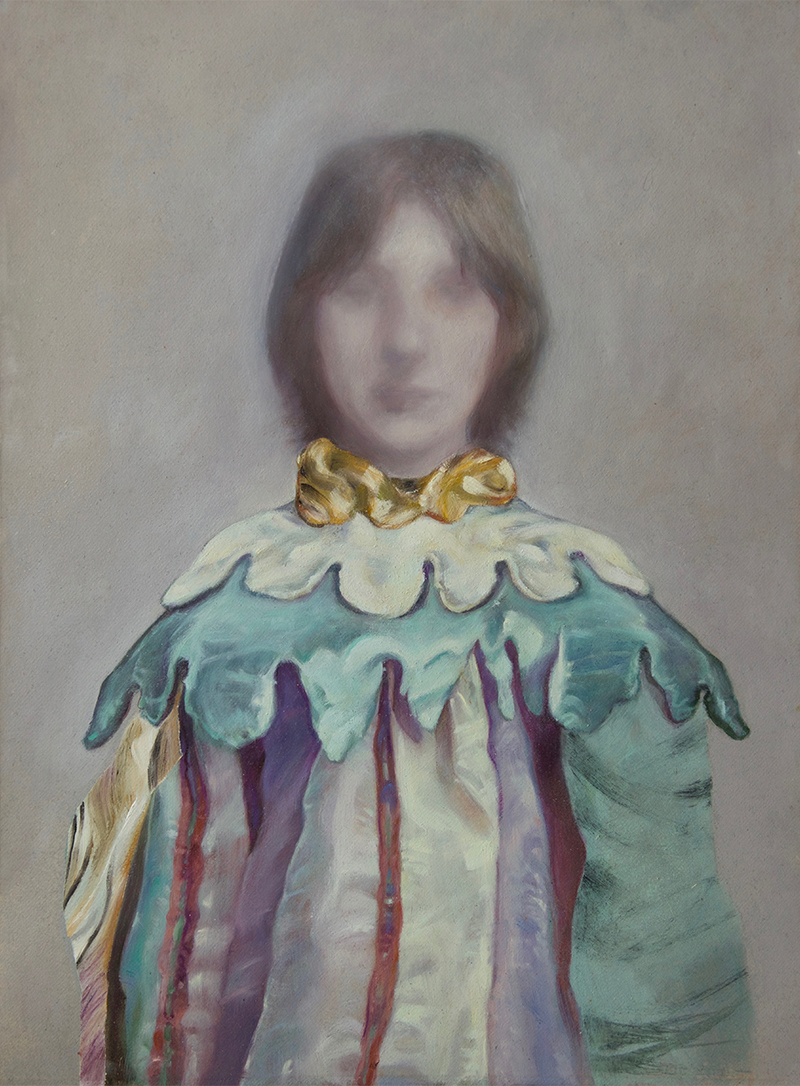 das kostüm, Sara Welponer oil painting on paper, costume dress, iridescent fabric