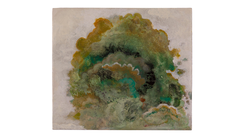 oil painting on wood, lichen, moss