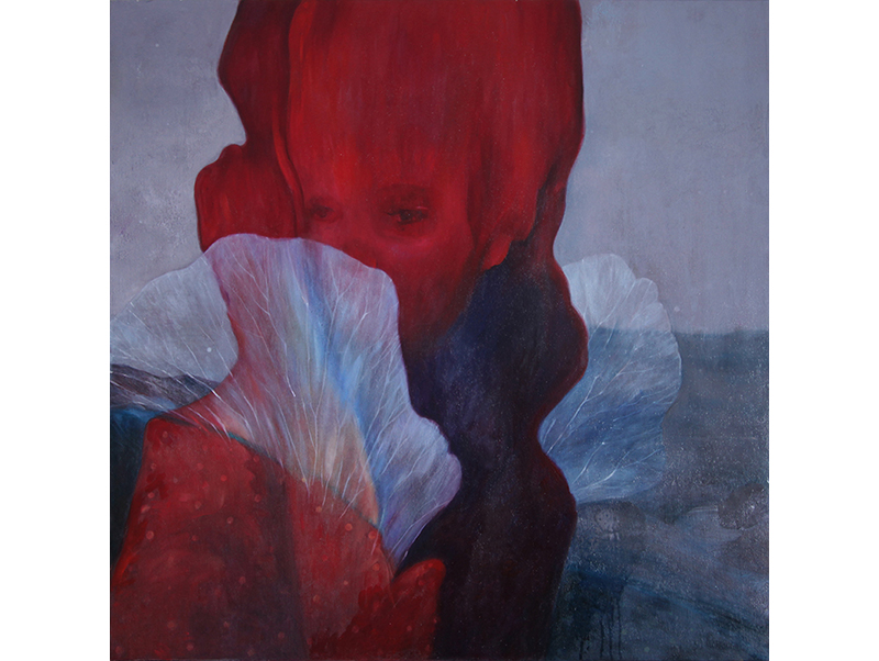 seraphim, Sara Welponer oilpainting on wood, red angel, surrealism,