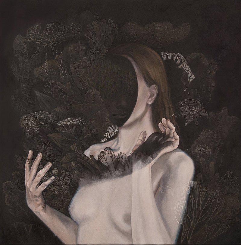 unverletzlich, Sara Welponer oil painting, surreal nude, somber colours