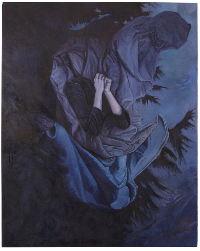 verkörperung, Sara Welponer oil painting, surreal anatomy, dusk woods, blue hues
