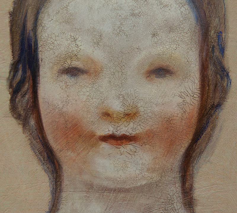 detail, Sara Welponer oil painting on wood, craquelé, craquelure