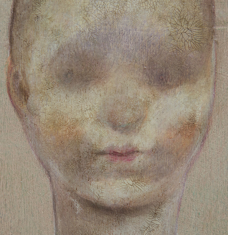 detail, Sara Welponer oil painting on wood, craquelé, craquelure