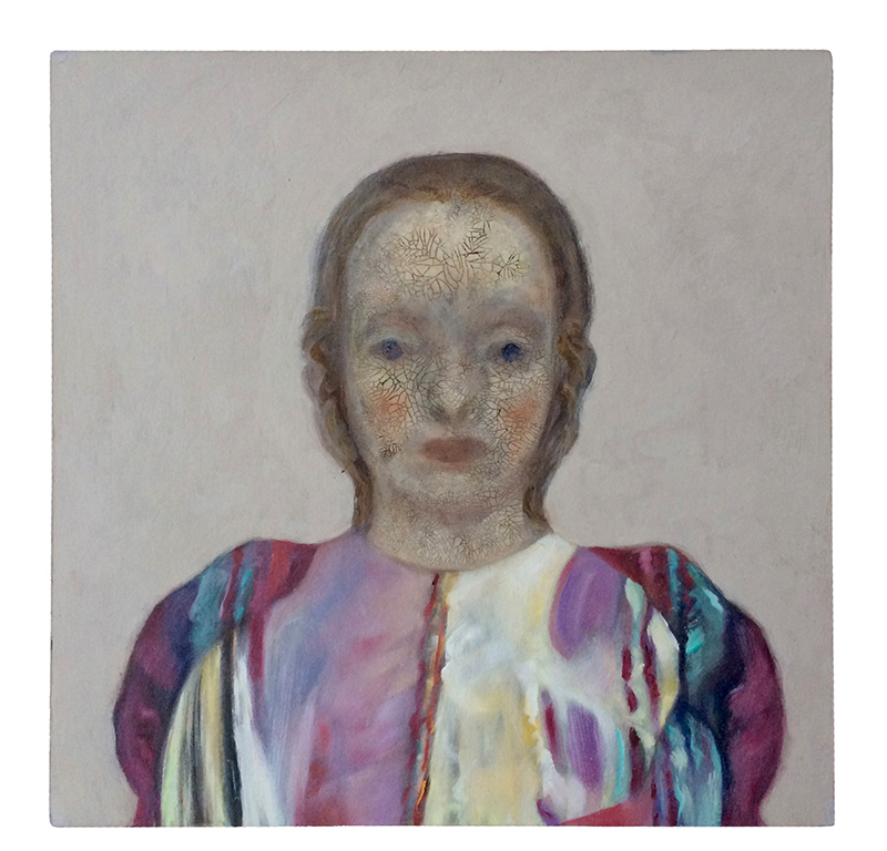 zeitreisende 8, Sara Welponer oil painting on wood, craquelé, craquelure, fancy dress