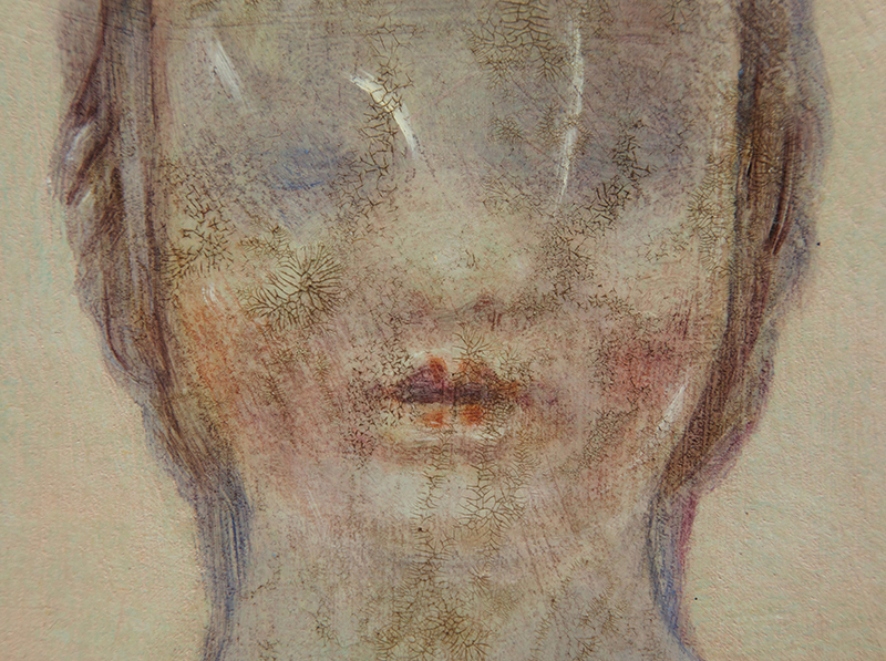 detail, Sara Welponer oil painting on wood, craquelé, craquelure